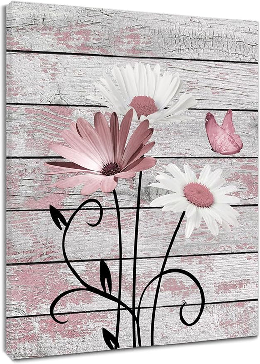HVEST Vintage Floral Canvas Wall Art Pink and White Daisy Butterfly on Farmhouse Wooden Wall Decor for Bedroom, Country Wildflower Framed Wall Art for Living Room Office Home Decor,20L X 16W inches