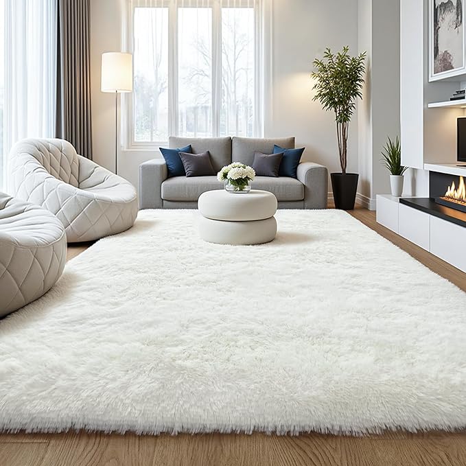 Fluffy 8x10 Large Area Rugs for Bedroom Living Room, Cream White Soft Washable Shag Carpet for Kids Room, Nursery, Dorm Decor, Colorful Cute Plush Fuzzy Rugs for Baby Toddler