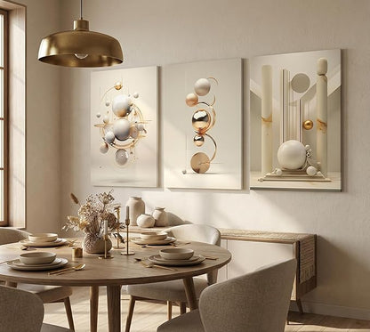 3pcs Modern Three-Dimensional Geometric Spheres Canvas Wall Art Abstract Luxury Beige Gold Wall Decor Pictures Minimalist Medieval Posters Prints for Bedroom Living Room Office Scene Home Decoration