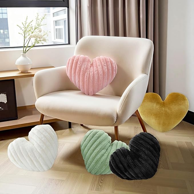 16 Inch Heart Pillow Cute Soft Decorative Throw Pillows, Heart Shaped Fluffy Faux Fur Pillows Cushions for Couch Sofa Bed Bedroom Room Home Decor Aesthetic (2, Gold, Medium-16 x13)