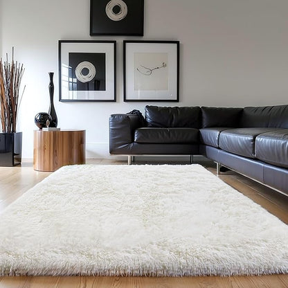 KICHOWUA Thick Area Rug Cream White Fluffy Shag 3x5 for Girls Bedroom, Soft Plush Fuzzy Shagggy Carpet for Living Room, Thickened Washable Non-Slip Furry Rug for Kids Toddler Boys Dorm Nursery, Ivory