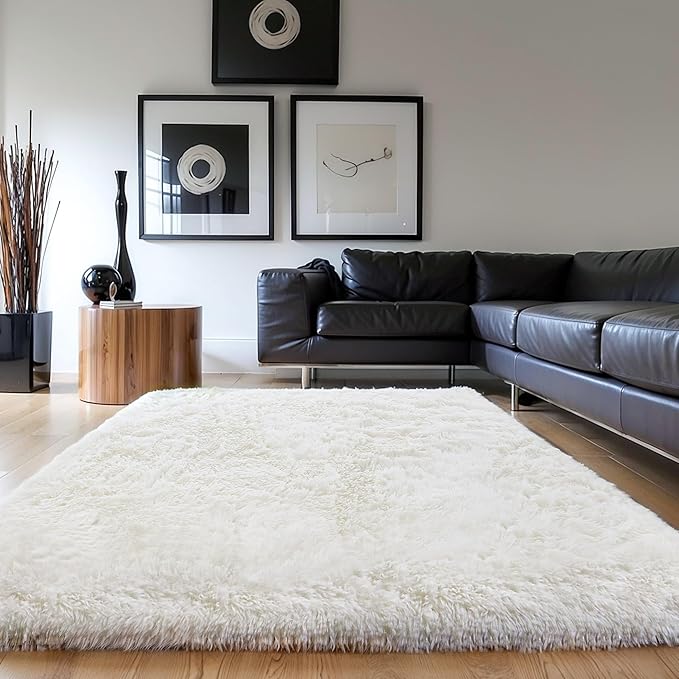 KICHOWUA Thick Area Rug 5x7 Cream White Fluffy Shag for Girl Bedroom,Ultra Soft Plush Fuzzy Washable Thickened Non-Slip Floor Carpet,Modern Furry Shaggy Rug for Living Room Nursery Kids Boy Dorm,Ivory