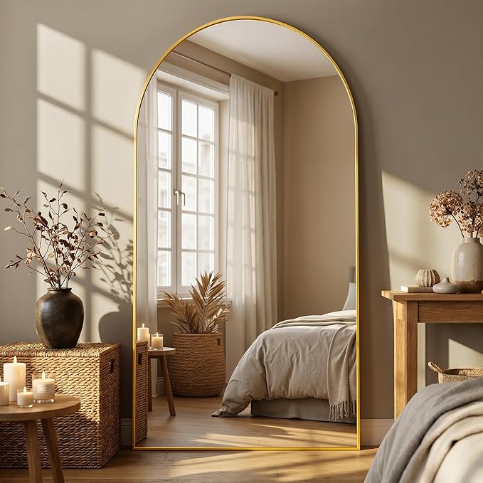 Full Length Mirror, 78"x38" Arched Floor Mirror Freestanding, Floor Standing Full Body Mirror with Stand for Bedroom, Hanging Mounted for Living Room Cloakroom, Gold