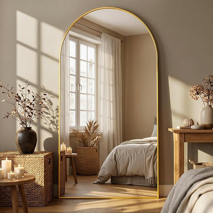 Full Length Mirror, 78"x38" Arched Floor Mirror Freestanding, Floor Standing Full Body Mirror with Stand for Bedroom, Hanging Mounted for Living Room Cloakroom, Gold