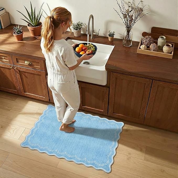 GarveeHome Scalloped Entryway Rug, 2x3 Solid Blue Washable Front Door Rug Indoor Entrance Floral Carpet Non-Slip Low Pile Throw Rugs for Kitchen Floor, Powder Room, Entry, Bathroom, Kids Room