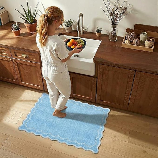 GarveeHome Scalloped Entryway Rug, 2x3 Solid Blue Washable Front Door Rug Indoor Entrance Floral Carpet Non-Slip Low Pile Throw Rugs for Kitchen Floor, Powder Room, Entry, Bathroom, Kids Room
