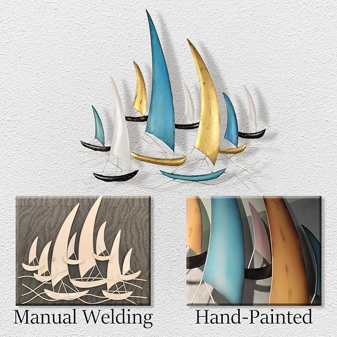 edaknez Large Metal Ship Wall Art, Metal Sailboat Wall Decor, Coastal Nautical Wall Art Decor, 3D Boat Wall Hanging, for Living Room Bedroom Indoor Outdoor (Modern Color)
