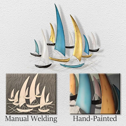 edaknez Large Metal Ship Wall Art, Metal Sailboat Wall Decor, Coastal Nautical Wall Art Decor, 3D Boat Wall Hanging, for Living Room Bedroom Indoor Outdoor (Modern Color)