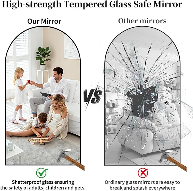 Full Length Mirror, 78"x35" Arched Full Body Mirrors, Large Floor Mirror with Stand, Hanging Mounted for Bedroom Living Room Cloakroom, Aluminum Alloy Frame, Black