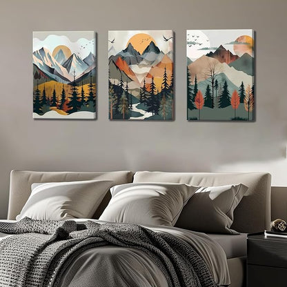 Mountain Canvas Wall Art Set of 3, Boho Sun Forest Abstract Nature Landscape Artwork Wall Decor, Watercolor Posters Prints Painting Picture Artwork for Living Room Bedroom Office 12 x16 In Framed