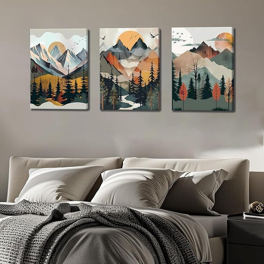Mountain Canvas Wall Art Set of 3, Boho Sun Forest Abstract Nature Landscape Artwork Wall Decor, Watercolor Posters Prints Painting Picture Artwork for Living Room Bedroom Office 12 x16 In Framed