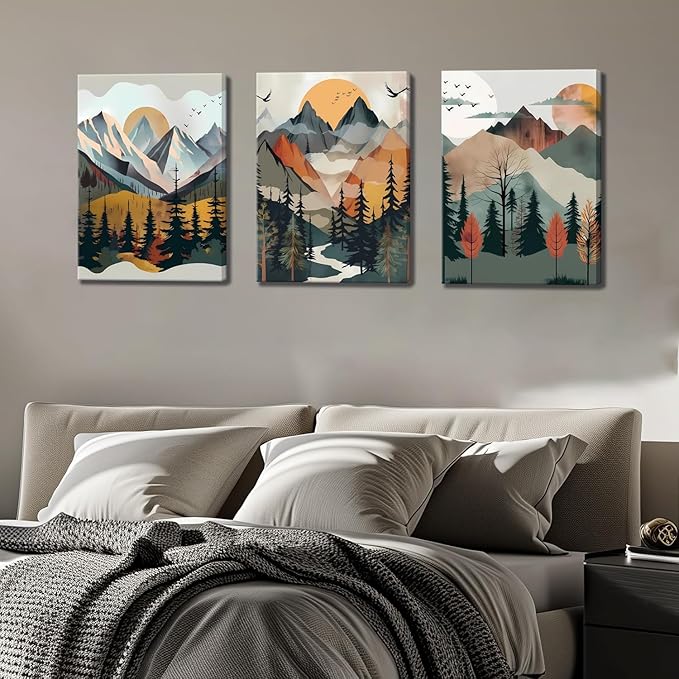 Mountain Canvas Wall Art Set of 3, Boho Sun Forest Abstract Nature Landscape Artwork Wall Decor, Watercolor Posters Prints Painting Picture Artwork for Living Room Bedroom Office 16x24 In Framed