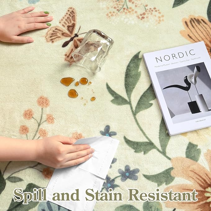 Lahome Floral Living Room Rug, 5x7 Rugs for Bedroom Ultra-Thin Soft Washable Dining Room Rug, Non Slip Stain Resistant Boho Low-Pile Throw Carpet for ‎Office Flore (5x7ft,Beige)