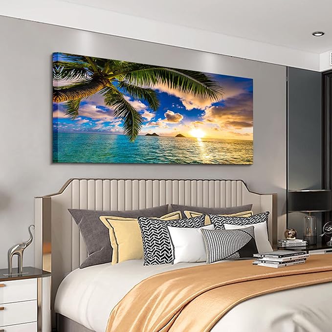 EPHANY Ocean Beach Palm Wall Art - 1 Piece Canvas Wall Art Sunset Scene with Tree Landscape, Stretched and Framed Ready To Hang (B-1pcs,20x40inchx1pcs)