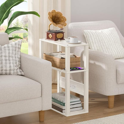 YUFAM 3-Tier Small Narrow Wood Side Table with Charging Station, Skinny Nightstand for Small Space, Slim Bedside Table with Storage for Couch, Thin End Table with USB Ports and Outlets, Grey White