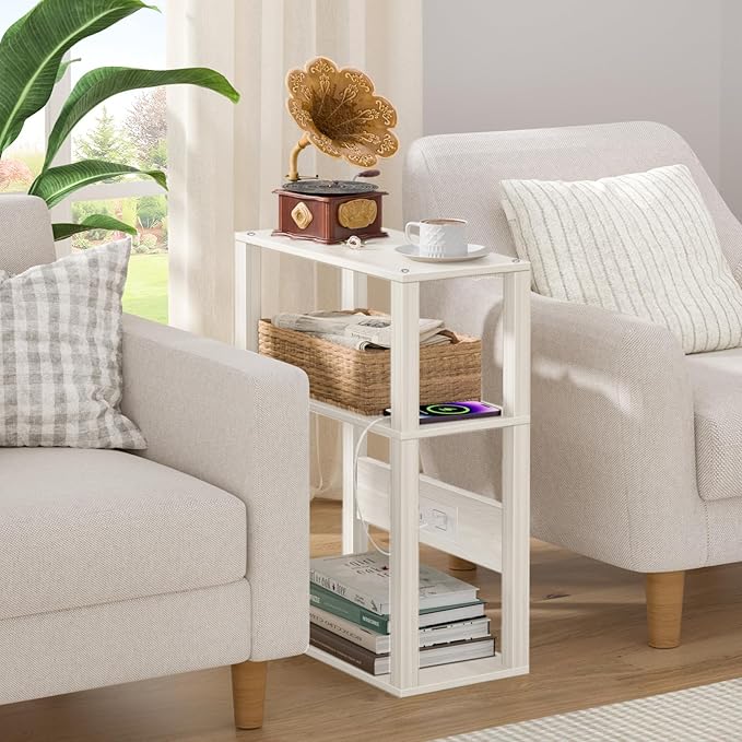 YUFAM 3 Tier Small Narrow Bamboo Side Table Set of 2 with Charging Station - Skinny Nightstand for Small Spaces, Slim Bedside Table with USB Ports and Outlets - Thin End Table with Storage, Grey White