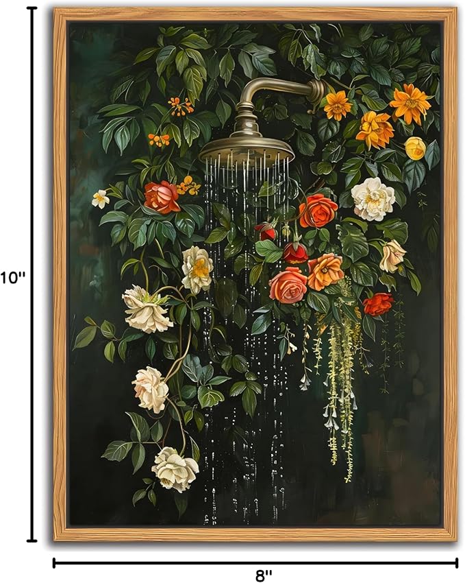 Floating Framed Floral Shower Wall Art, Vintage Botanical Flower Canvas Print, Romantic Garden Roses and Waterfall Painting, Nature Inspired Bathroom Wall Decor for Home Living Room 8x10 inch