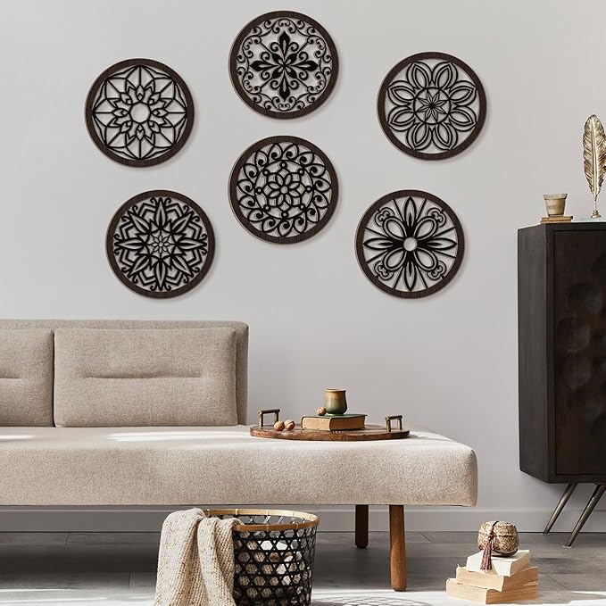 Ferraycle 6 Pieces Thicken Rustic Wall Decor Farmhouse Wall Art Wooden Round Art Hanging Decoration Hollow Carved for Living Room Bedroom Kitchen Office Apartment Hallway(Black Brown)
