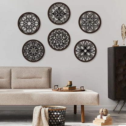 Ferraycle 6 Pieces Thicken Rustic Wall Decor Farmhouse Wall Art Wooden Round Art Hanging Decoration Hollow Carved for Living Room Bedroom Kitchen Office Apartment Hallway(Black Brown)