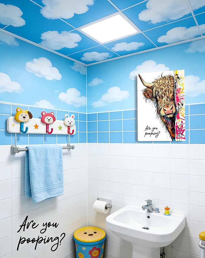 Funny Highland Cow Bathroom Wall Art, Are You Pooping? Graffiti Pop Art Canvas Print, 12x16 Inch Framed Humorous Farmhouse Bathroom Decor, Colorful Cow Picture for Washroom Toilet Powder Room