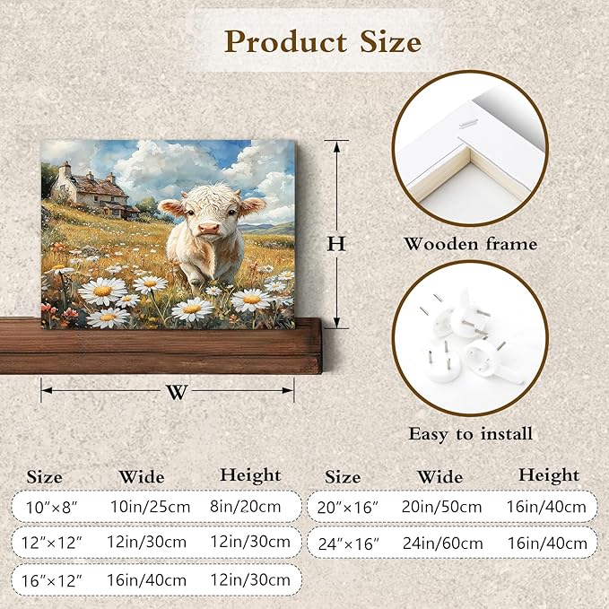 LB Rustic Floral Cow Wall Art Vintage Farmhouse Cabin Animal Daisy Canvas Wall Art White Flower Wall Decor for Living Room, Bedroom, Office - Ready to Hang 12x16 Inches
