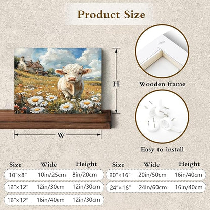 LB Rustic Floral Cow Wall Art Vintage Farmhouse Cabin Animal Daisy Canvas Wall Art White Flower Wall Decor for Living Room, Bedroom, Office - Ready to Hang 12x16 Inches