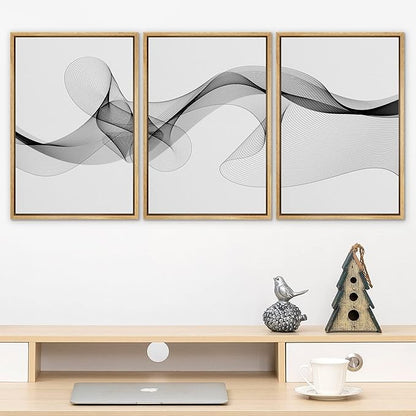 SIGNLEADER Framed Canvas Print Wall Art Curly Black Smoke Ribbons Geometric Shapes Digital Art Modern Art Minimalist Relax/Calm Multicolor Dark for Living Room, Bedroom, Office - 24"x36"x3 Natural