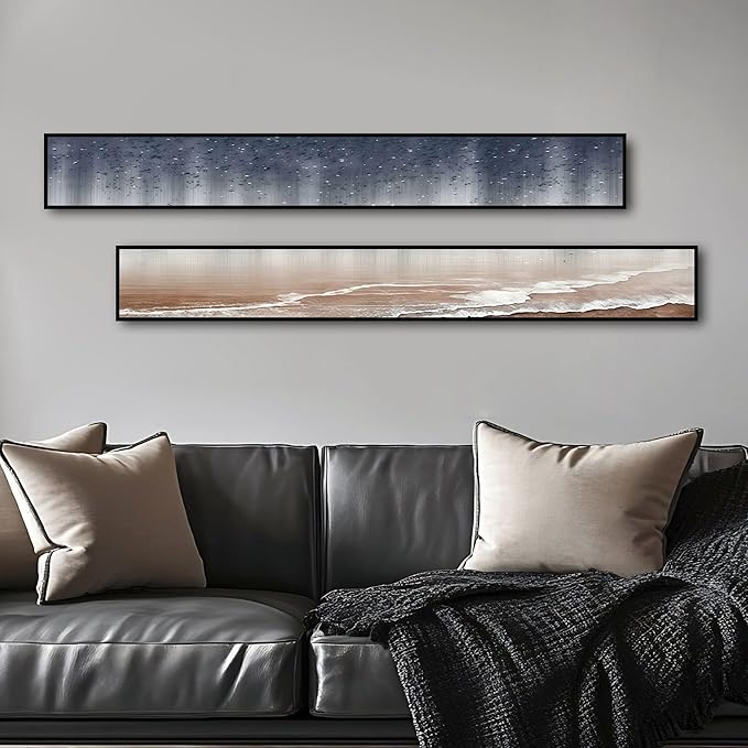 Large Framed Long Narrow Vertical Abstract Wall Art Set of 2, Premium Crystal Porcelain Canvas Prints, Navy Blue Gold Modern Design - Perfect for Entryway, Hallway, Living Room, Bedroom - 63x10 inch