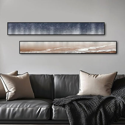 Large Framed Long Narrow Vertical Abstract Wall Art Set of 2, Premium Crystal Porcelain Canvas Prints, Navy Blue Gold Modern Design - Perfect for Entryway, Hallway, Living Room, Bedroom - 63x10 inch