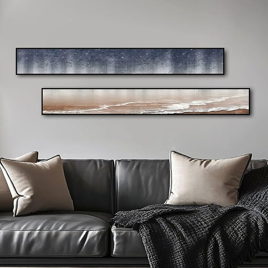 Large Framed Long Narrow Vertical Abstract Wall Art Set of 2, Premium Crystal Porcelain Canvas Prints, Navy Blue Gold Modern Design - Perfect for Entryway, Hallway, Living Room, Bedroom - 63x10 inch