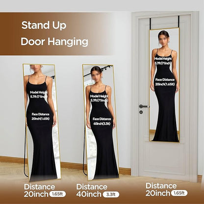 NARCISSUS 57x16 Mirror Door Hanging Full Length Body with Floor Stand or Wall Mounted Metal Aluminum Frame Tempered Glass Rectangle Mirrors for Bedroom Dressing Living Room Bathroom 57 inch Gold