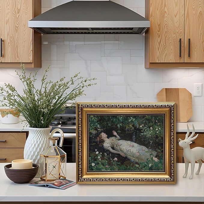 WZGZXU Vintage Gold Framed Wall Art Ophelia Canvas Painting Woman Portrait Picture Victorian Gothic Dark Academia Artwork Moody Prints For Living Room Bedroom Bathroom 8x10in