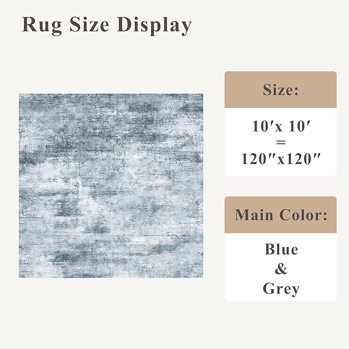 10x10 ft Square Living Room Rug – Washable Modern Abstract Area Rug for Bedroom, Dining Room, Playroom – Neutral Non-Slip Low-Pile Thin Indoor Carpet (Misty Blue Gray)