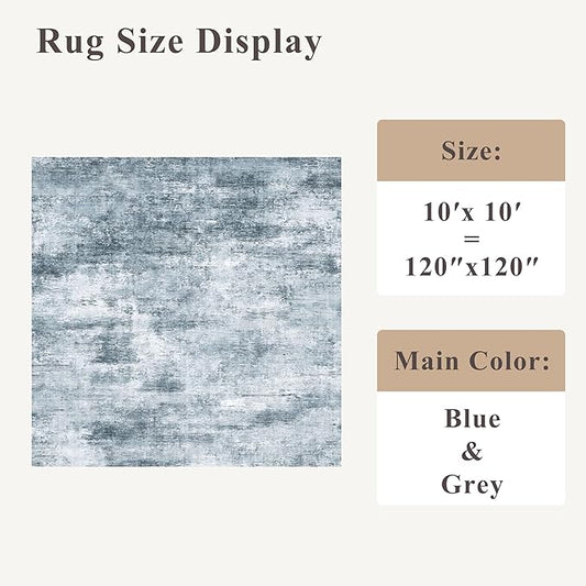 10x10 ft Square Living Room Rug – Washable Modern Abstract Area Rug for Bedroom, Dining Room, Playroom – Neutral Non-Slip Low-Pile Thin Indoor Carpet (Misty Blue Gray)