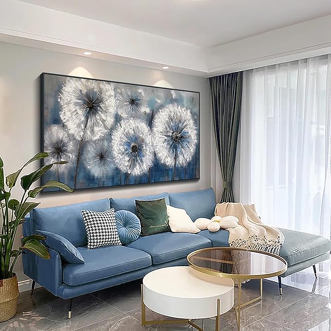 Pogusmavi Dandelion Wall Art Blue Wall Decor Painting Living Room Plant Pictures Framed Paintings for Wall Decorations Artwork for Walls Dining Room Decor 29x58 Black Framed