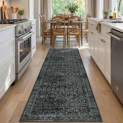 Rugxara 2x6 Runner Rug, Washable Kitchen Rugs, Black Boho Vintage Floral Hallway Runner, Non Slip Low Pile Area Rug Carpet for Indoor Hallway, Kitchen, Laundry Room and Bathroom(Black 2x6ft)