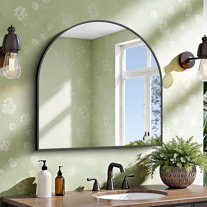 CIRCUMI Arched Wall Mirror, 30"x30" Black Arched Mirror with Tempered Glass, Metal Frame, Large Size for Entryway Table, Mantel,Living Room,Over Sink,Arch Mirror for Decor,Shatterproof&Crystal-Clear
