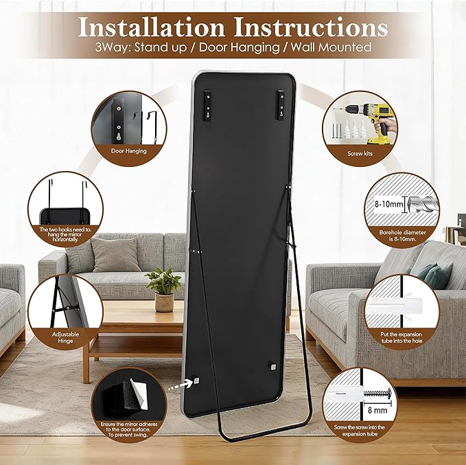 NARCISSUS 57x20 Mirror Door Hanging Full Length Body with Floor Stand or Wall Mounted Metal Aluminum Frame Tempered Glass Rectangle Mirrors for Bedroom Dressing Living Room Bathroom 57 inch Silver