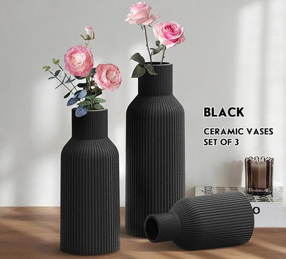 Large Black Tall Ceramic Vase,Modern Smooth Vertical Ribbed, Nordic Minimalist for Pampas Dried & Fresh Flowers, Home Decor for Living Room, Coffee Table, Bookshelf, Entryway, Farmhouse