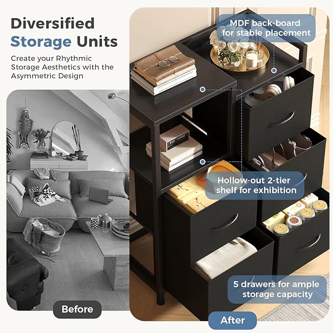 DUMOS TV Stands for Bedroom with 5 Drawers, 5-Drawer Chest of Drawers with Raised Shelf, Storage Tower with Fabric Bins for Closet Organization, Hallway Storage, Ink
