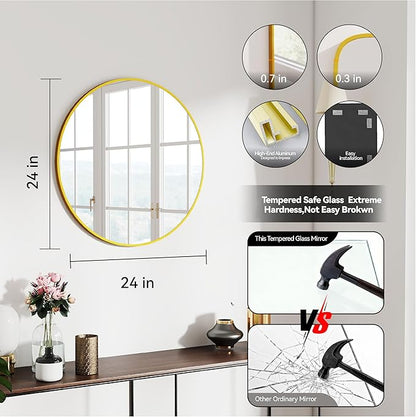 SCWF-GZ 24" Round Mirror Circle Wall Mounted Hanging or Against Wall Metal Frame Dressing Make-up Mirrors for Entryway Bedroom Bathroom Living Room 24 inch Gold