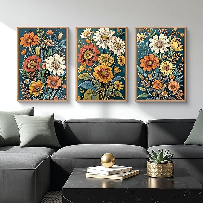 HOURIA Spring Boho Vintage Floral Framed Canvas Wall Art Set,Nordic Retro Colorful Wildflower & Green Leaves Wall Decor,Abstract Vibrant Bouquet Botanical Artwork for Living Room, Bedroom,Farmhouse-16"x24"x3