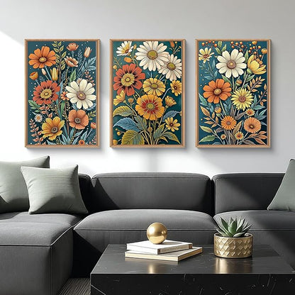 HOURIA Spring Boho Vintage Floral Framed Canvas Wall Art Set,Nordic Retro Colorful Wildflower & Green Leaves Wall Decor,Abstract Vibrant Bouquet Botanical Artwork for Living Room, Bedroom,Farmhouse-16"x24"x3