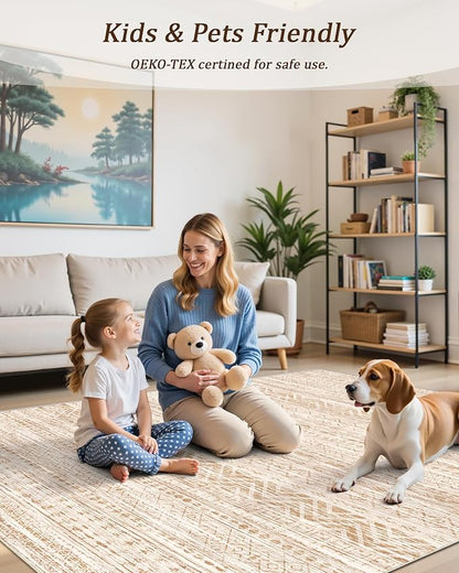 Miukiki 9x12 Area Rug for Living Room Moroccan Washable Rugs Non Slip Indoor Floor Carpet Foldable Large Soft Area Rug for Dining Room Bedroom with Low Pile(Beige,9'x12')
