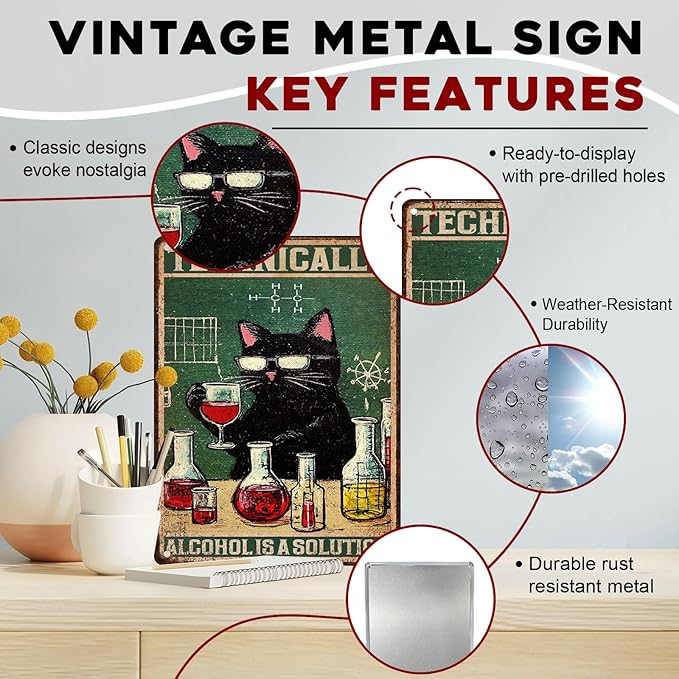 Funny Bar Signs "Technically Alcohol is a Solution" Black Cat Metal Decor for Pub Tavern & Man Cave 12x16Inch