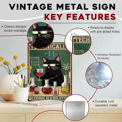 Funny Bar Signs "Technically Alcohol is a Solution" Black Cat Metal Decor for Pub Tavern & Man Cave 12x16Inch