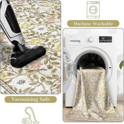Floral Living Room Rug 6x9 Machine Washable Boho Area Rug Non Slip Vintage Low Pile Carpet for Bedroom, Farmhouse, Dining Room, Kids Playroom,Beige/Multi