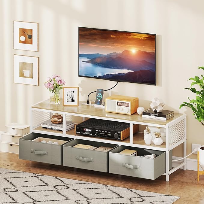 Tangkula Farmhouse TV Stand for TVs up to 65", 3-Tier Entertain Center with Power Outlets USB Charging, Media Console Table with Open Shelf & 3 Fabric Storage Drawers for Living Room (Natural)