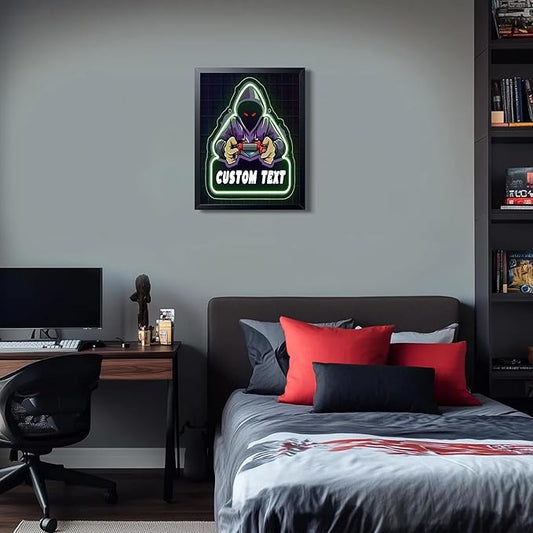Boys Room Gamer Wall Decor, Cool Video Gamers Wall Art, Neon Hooded Gaming Controller Canvas Print Poster, Anime Gamer Posters for Boys Room Gaming Room Decor Oil Painting 8x10 Inch Framed