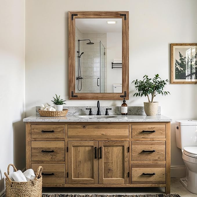 Wood Bathroom Mirror for Wall, 26"x38" Rustic Farmhouse Wood Framed Mirror for Bathroom Sink, Entryway, Living Room, Bedroom